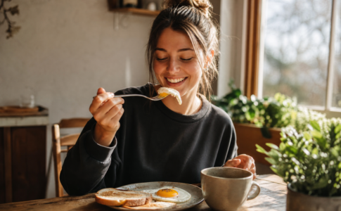 Une femme souriante mangeant un œuf au plat au petit-déjeuner dans une cuisine lumineuse.