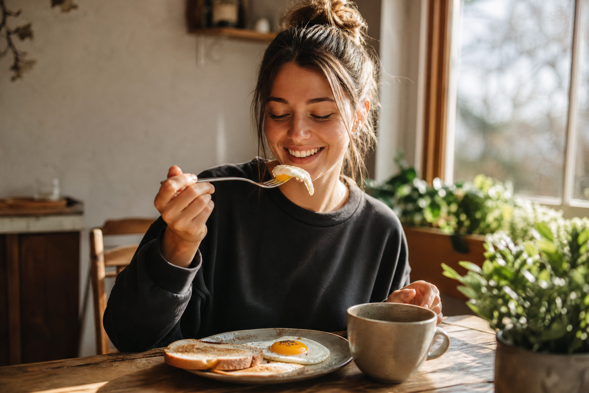 Une femme souriante mangeant un œuf au plat au petit-déjeuner dans une cuisine lumineuse.