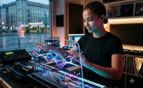 Une femme interagit avec de la musique