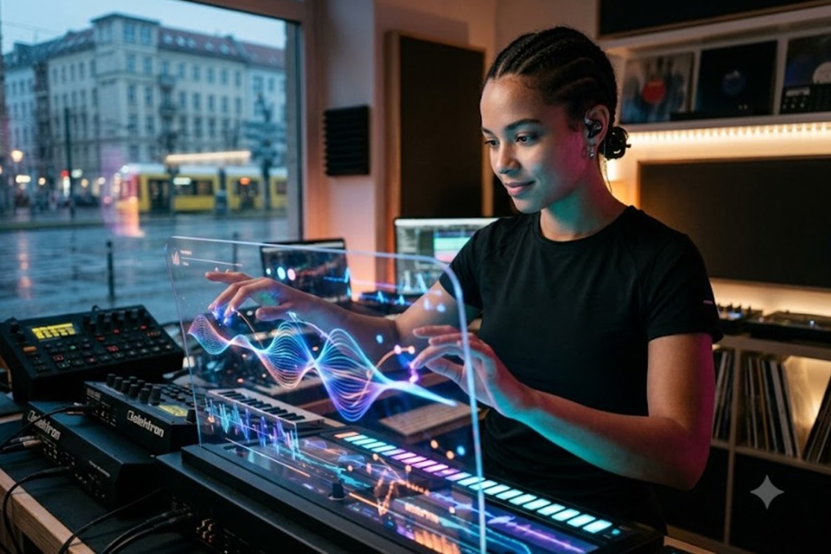 Une femme interagit avec de la musique 