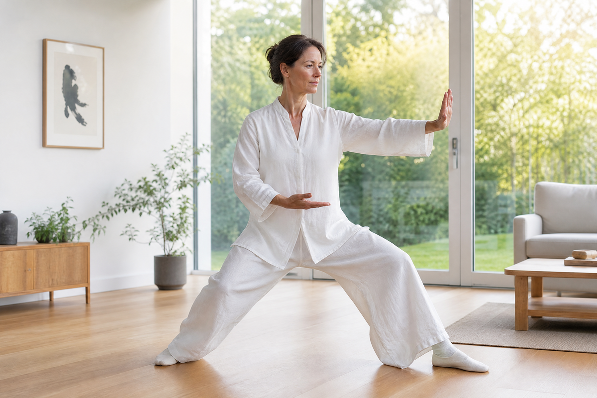 Une femme vêtue de blanc effectue une posture de tai-chi dans son salon lumineux.