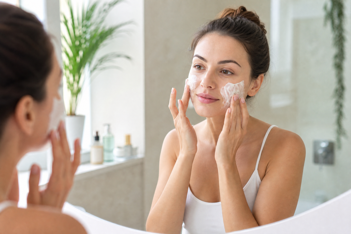 Une femme appliquant un produit de soin sur son visage.