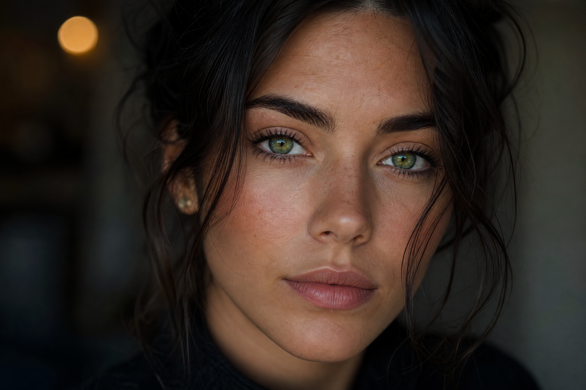 Portrait d'une jeune femme aux cheveux bruns et aux magnifiques yeux verts clairs avec des taches de rousseur.