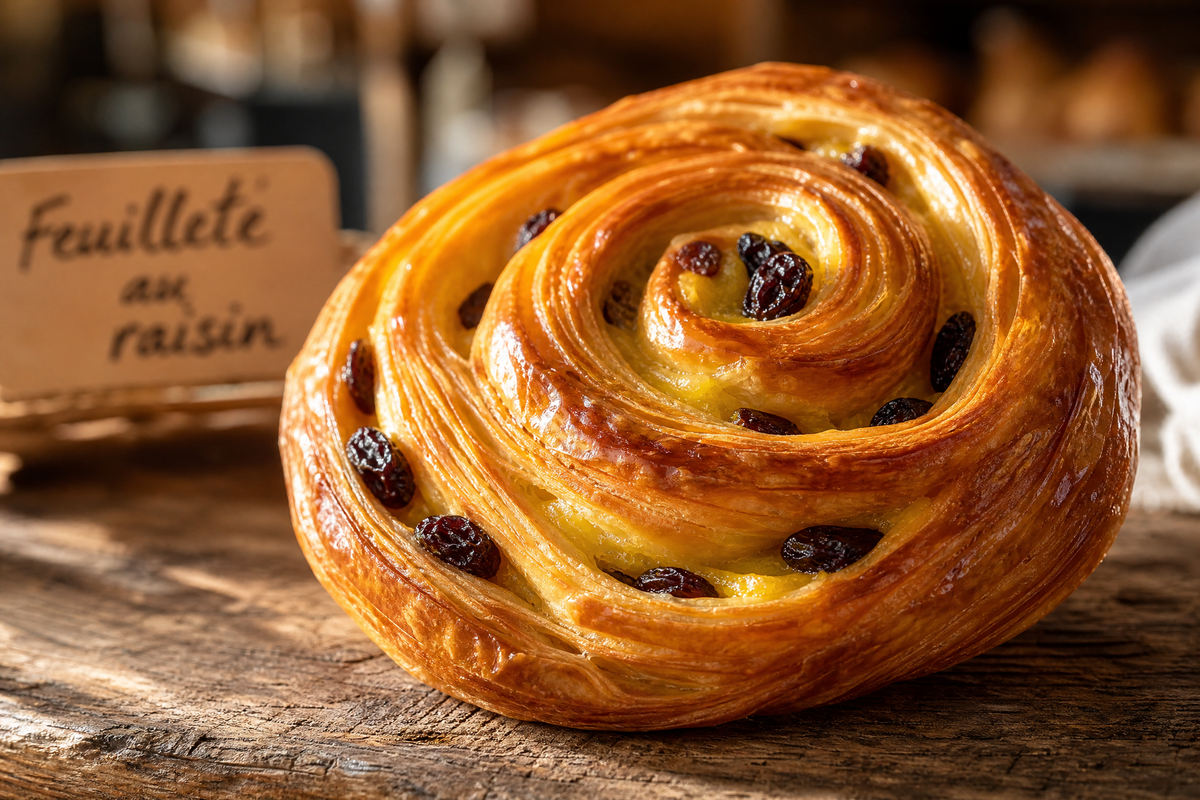 Un feuilleté au raisin doré et croustillant posé sur une table en bois.