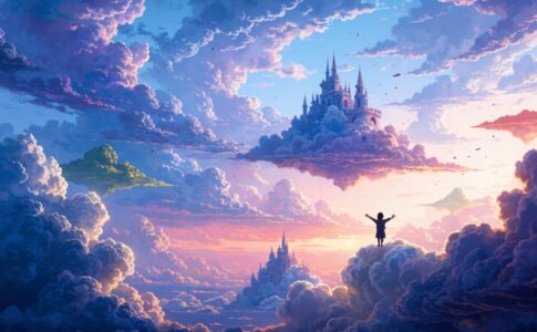 Silhouette d'enfant de dos sur un nuage