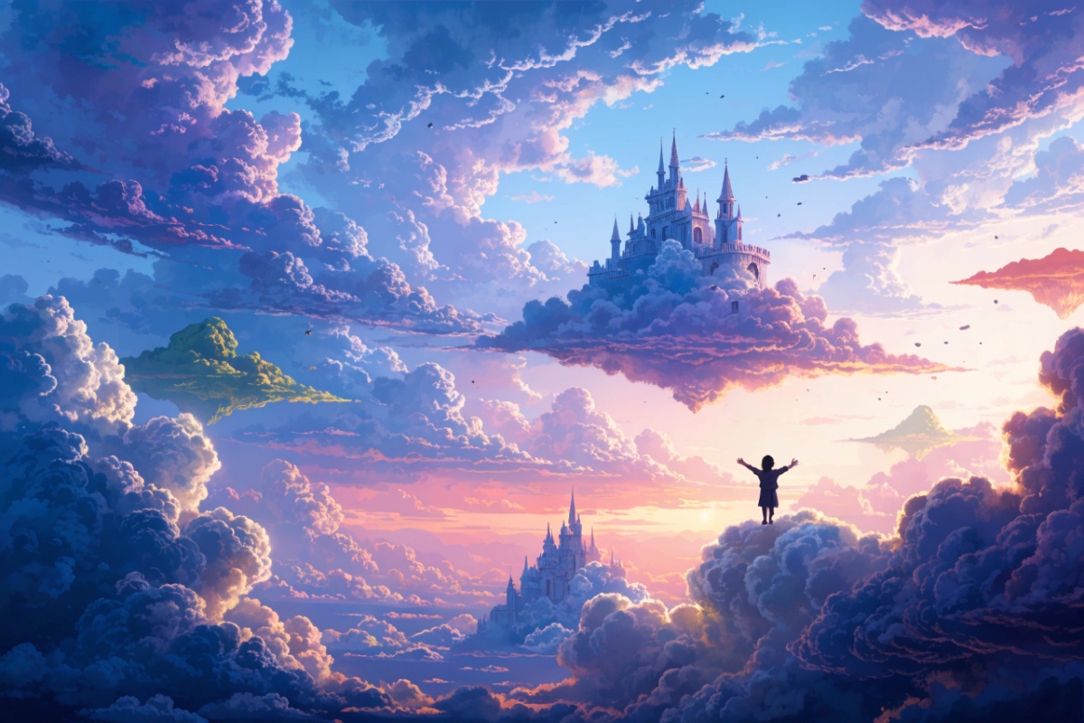 Silhouette d'enfant de dos sur un nuage