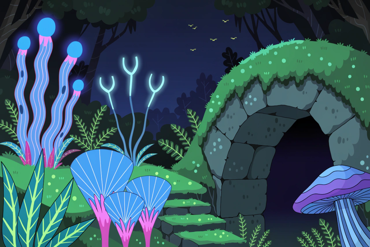 Une forêt lumineuse avec de petites silhouettes de créatures au loin
