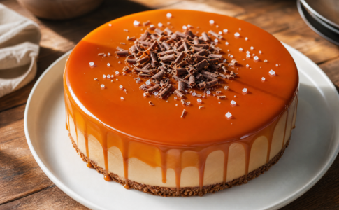 Un délicieux gâteau glacé nappé de caramel coulant.