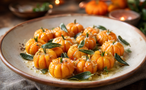 Des gnocchis en forme de mini-citrouilles servis dans une assiette avec des feuilles de sauge et du parmesan râpé.