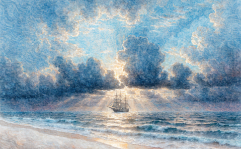Grand voilier ancien vu de loin sur une mer agitée