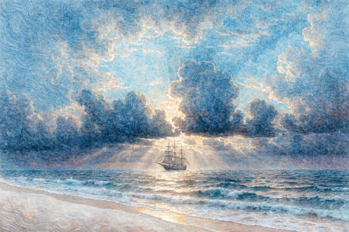 Grand voilier ancien vu de loin sur une mer agitée