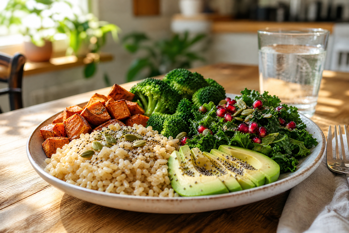 Une assiette saine composée de riz complet, d'avocat, de brocolis, de patates douces.