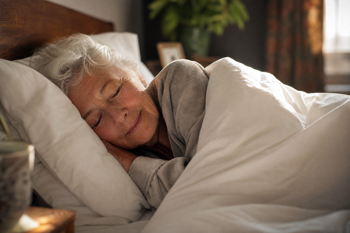 Une femme âgée dormant paisiblement dans son lit baigné par la lumière du matin.