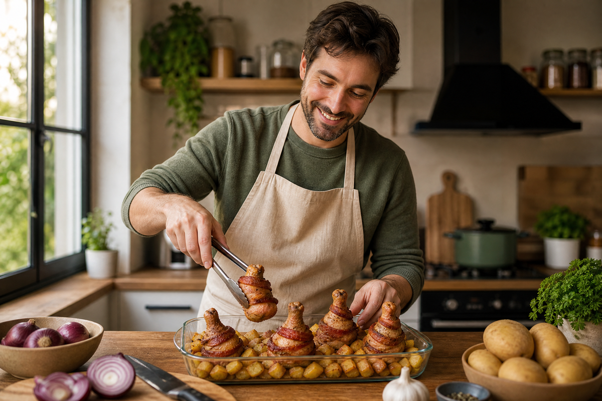 Un homme en train de cuisiner un plat de poulet avec des frites tourbillon.