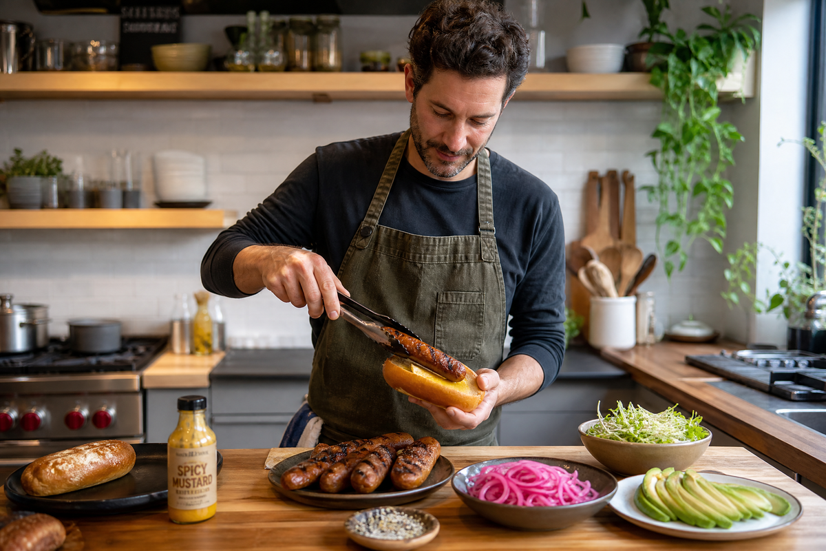Un homme prépare un hot-dog végétarien dans sa cuisine.