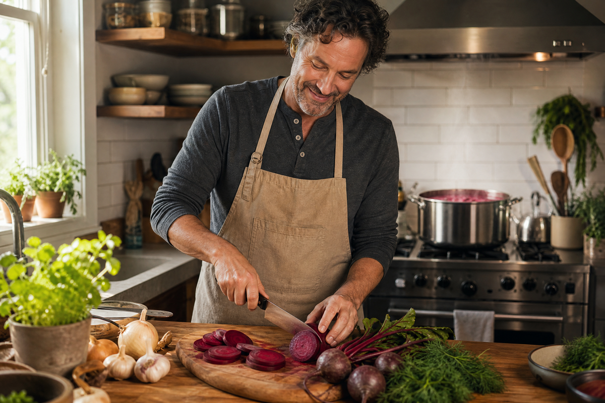 Un homme coupant des betteraves sur une planche en bois dans sa cuisine.