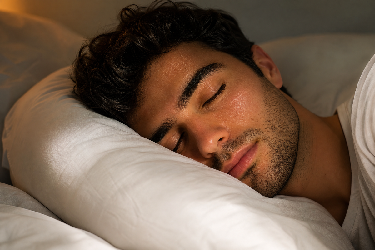 Un homme endormi de profil sur un oreiller blanc confortable dans son lit.