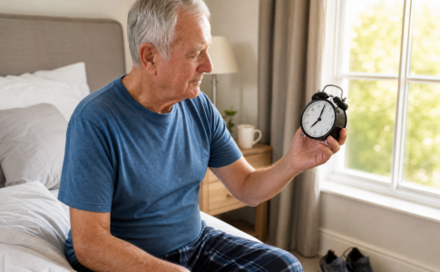 Un homme senior assis au bord de son lit tenant un réveil à la main au matin.