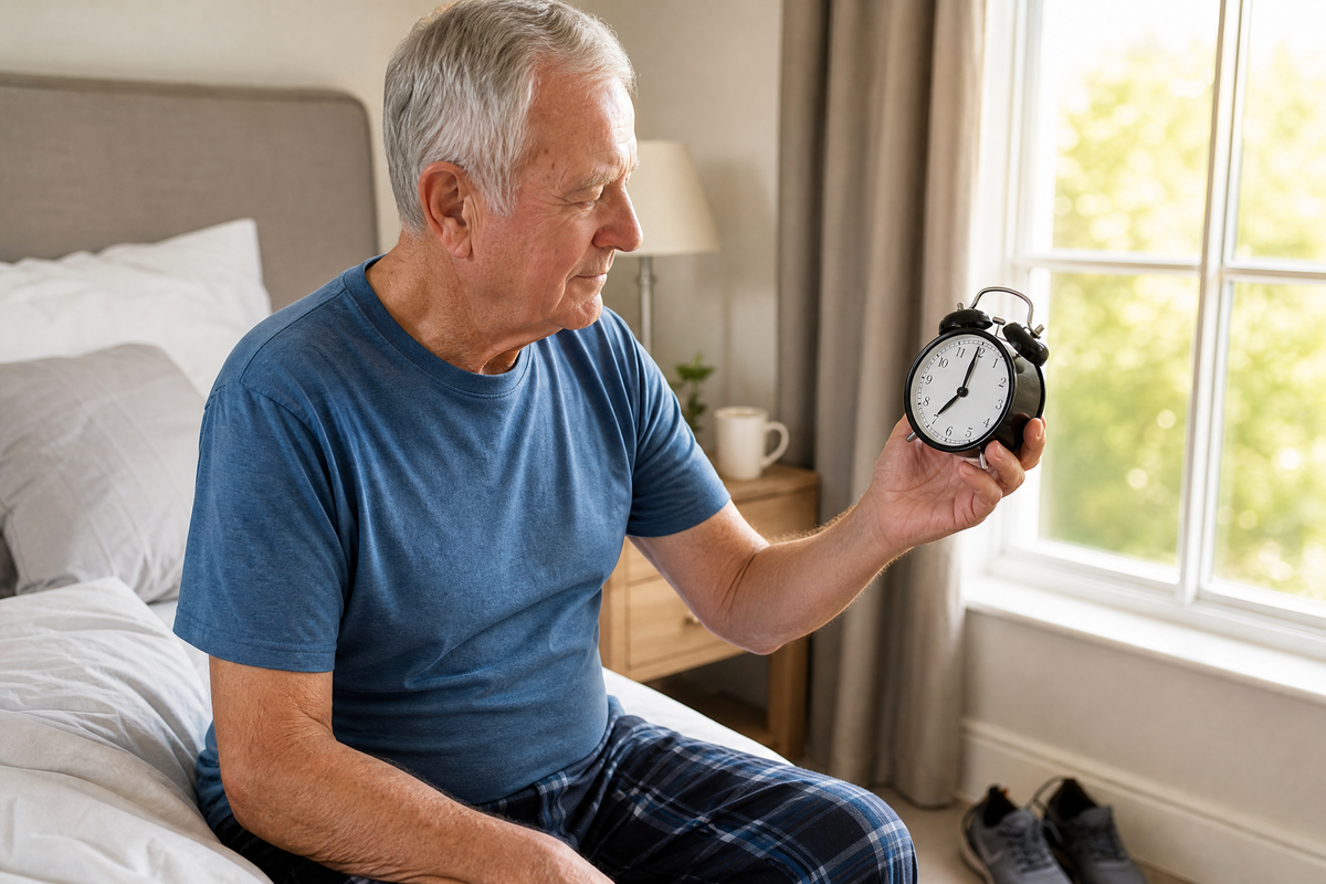 Un homme senior assis au bord de son lit tenant un réveil à la main au matin.
