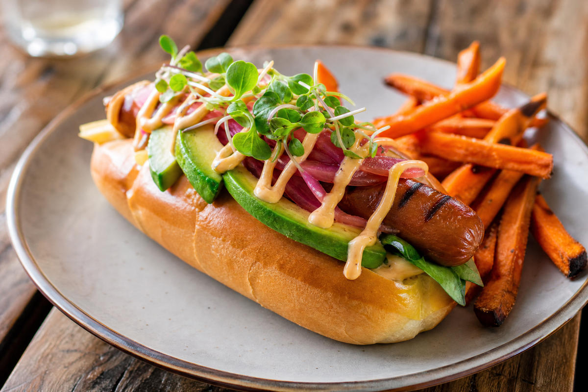 Hot-dog végétarien à l'avocat et frites de patate douce.