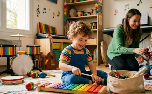 Un enfant découvrant un instrument de musique