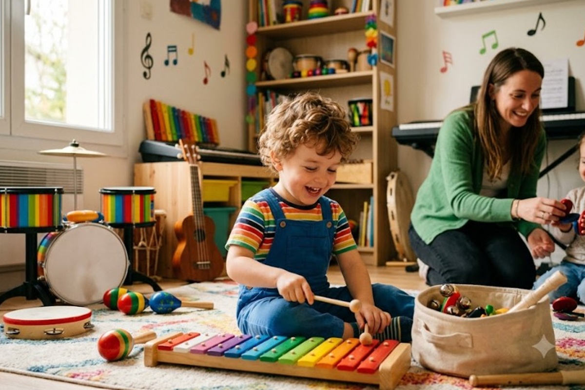 Un enfant découvrant un instrument de musique