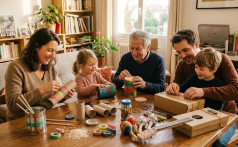 Une famille fabriquant des instruments de musique