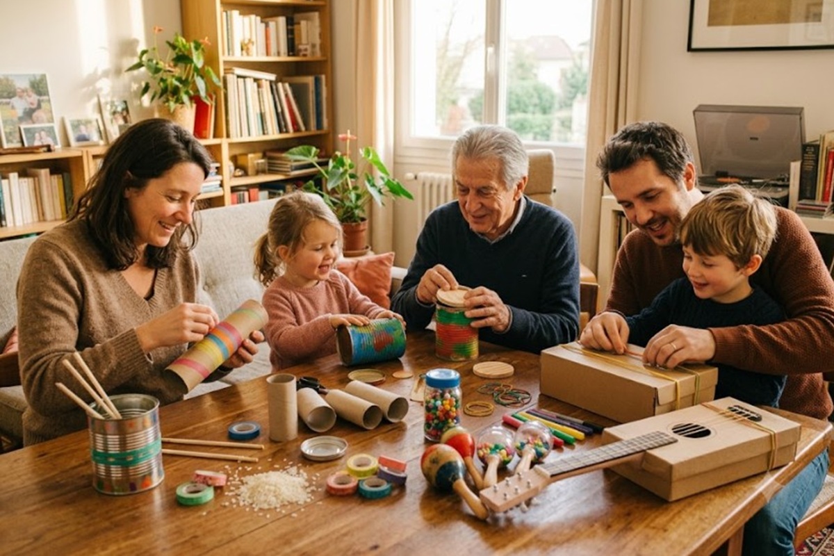 Une famille fabriquant des instruments de musique