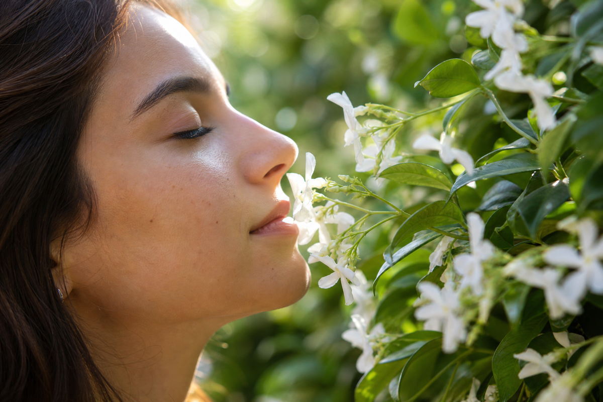 Une personne en train de sentir le parfum d'une fleur de jasmin.