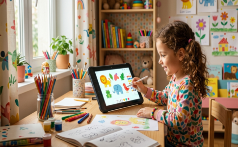 Une enfant qui apprend à dessiner sur sa tablette