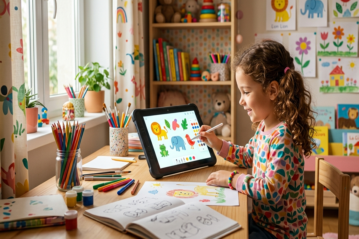 Une enfant qui apprend à dessiner sur sa tablette