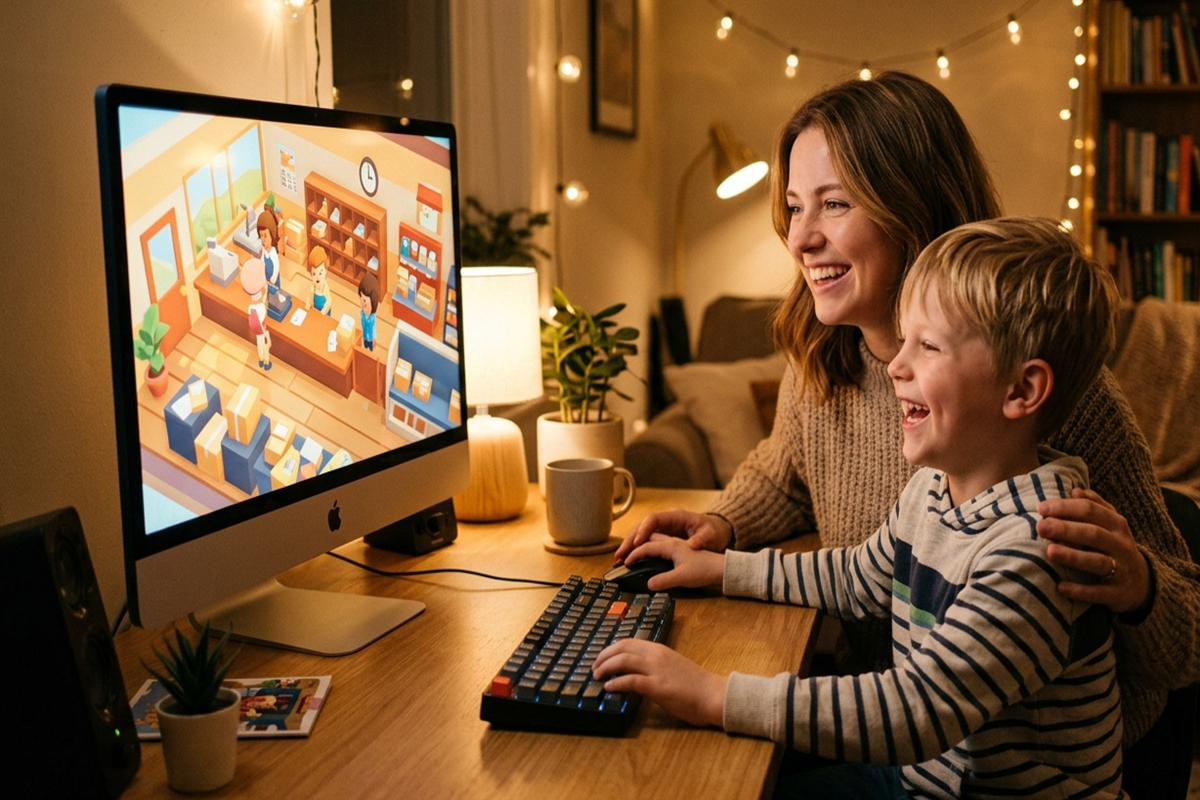 Un enfant et un adulte jouant sur ordinateur