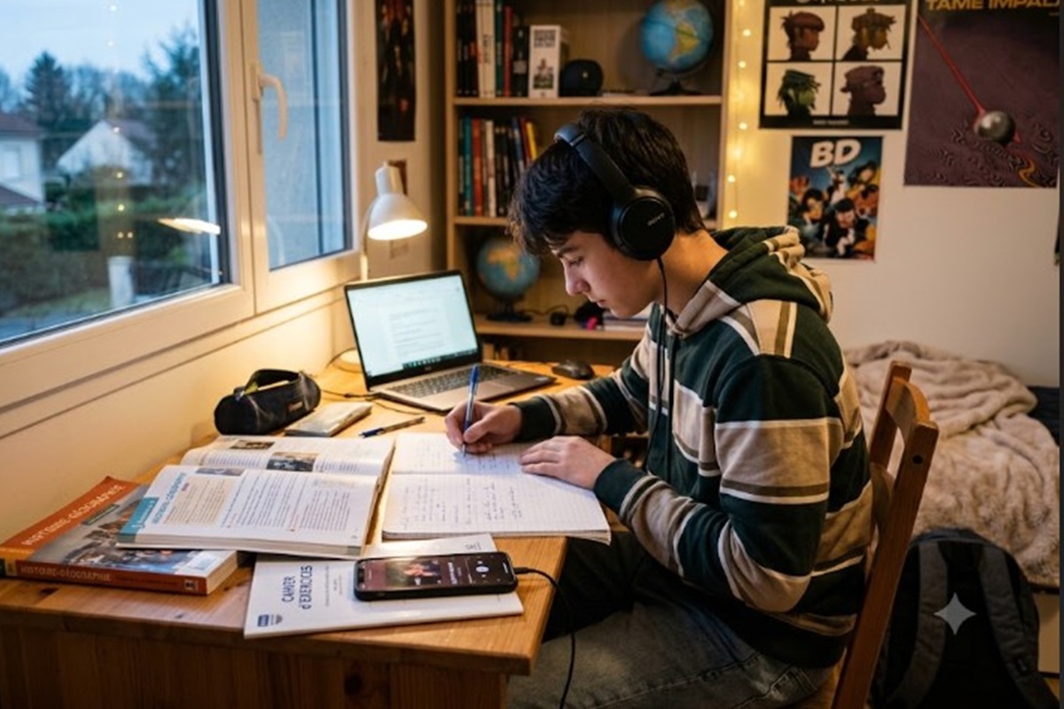 Un jeune faisant ses devoirs en écoutant de la musique