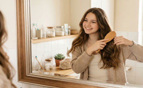 Une jeune fille se brosse joyeusement les cheveux dans le miroir.