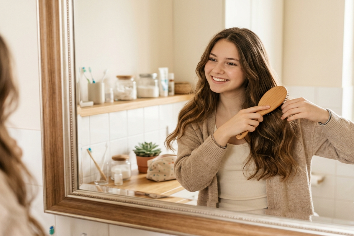 Une jeune fille se brosse joyeusement les cheveux dans le miroir.