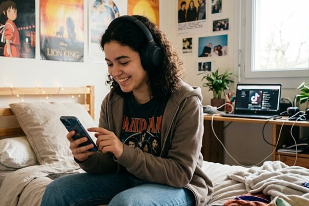 Une ado écoutant de la musique sur son smartphone