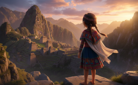 Jeune fille de dos portant une tenue inspirée de la culture inca