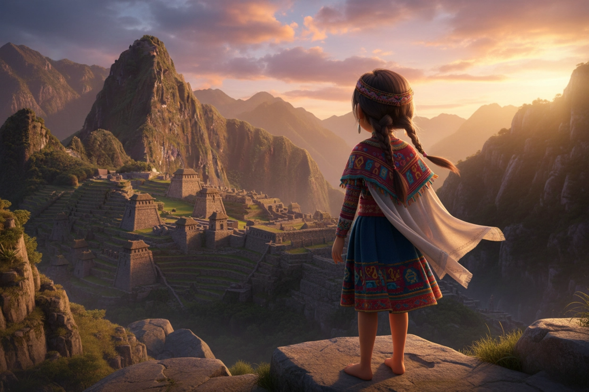 Jeune fille de dos portant une tenue inspirée de la culture inca