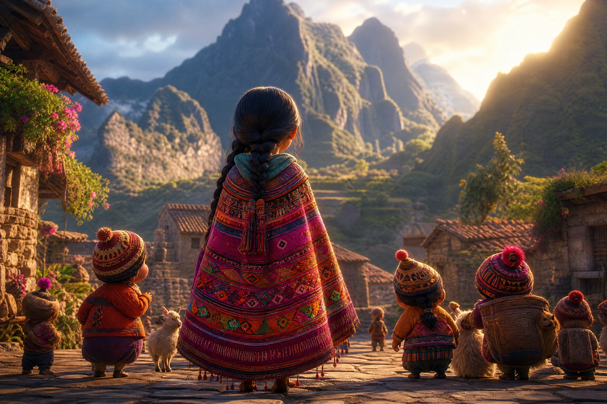 Jeune héroïne accompagnée de personnages animés dans un village andin