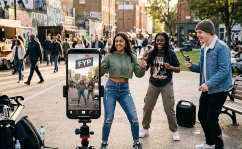 Des jeunes enregistrant une danse TikTok dans la rue
