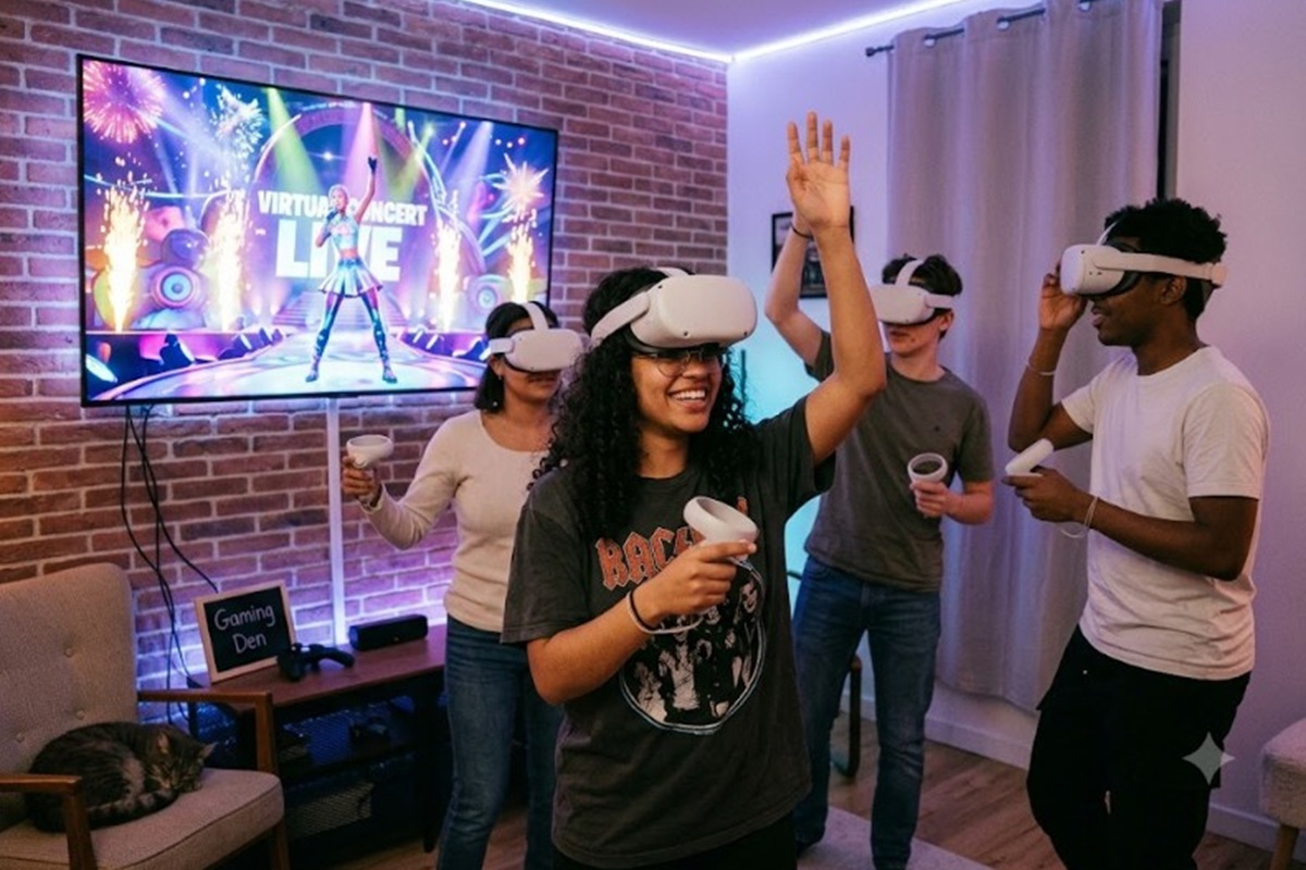 Un groupe de jeunes participant à un concert virtuel