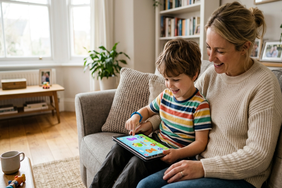 Un enfant qui joue avec un adulte sur une tablette