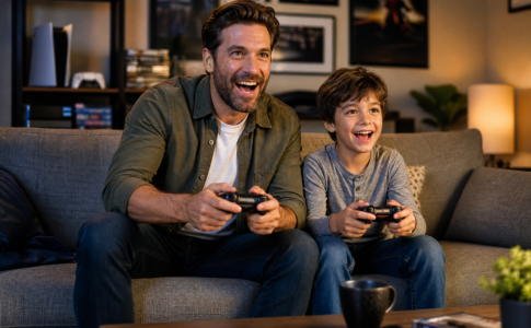 Un père et son fils jouant joyeusement à un jeu vidéos manette en main dans leur salon.