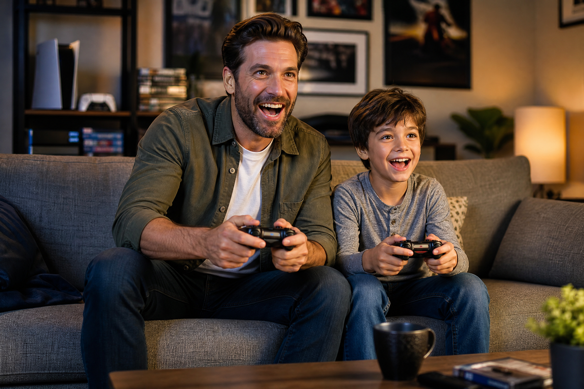 Un père et son fils jouant joyeusement à un jeu vidéos manette en main dans leur salon.