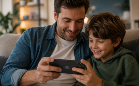 Un parent et un enfant qui jouent sur iPhone