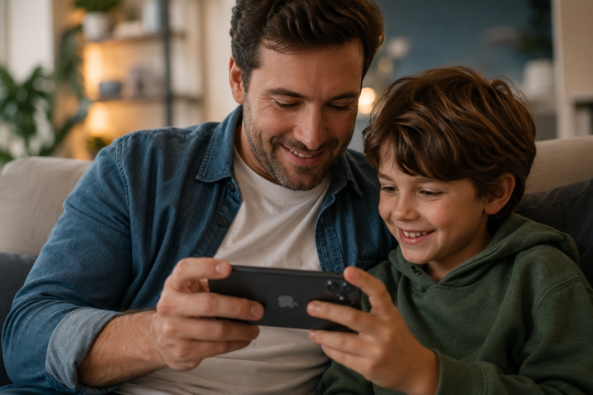 Un parent et un enfant qui jouent sur iPhone