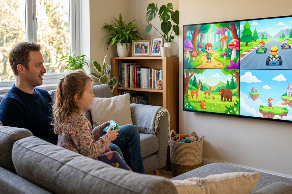 Un adulte et un enfant qui joue aux jeux vidéo
