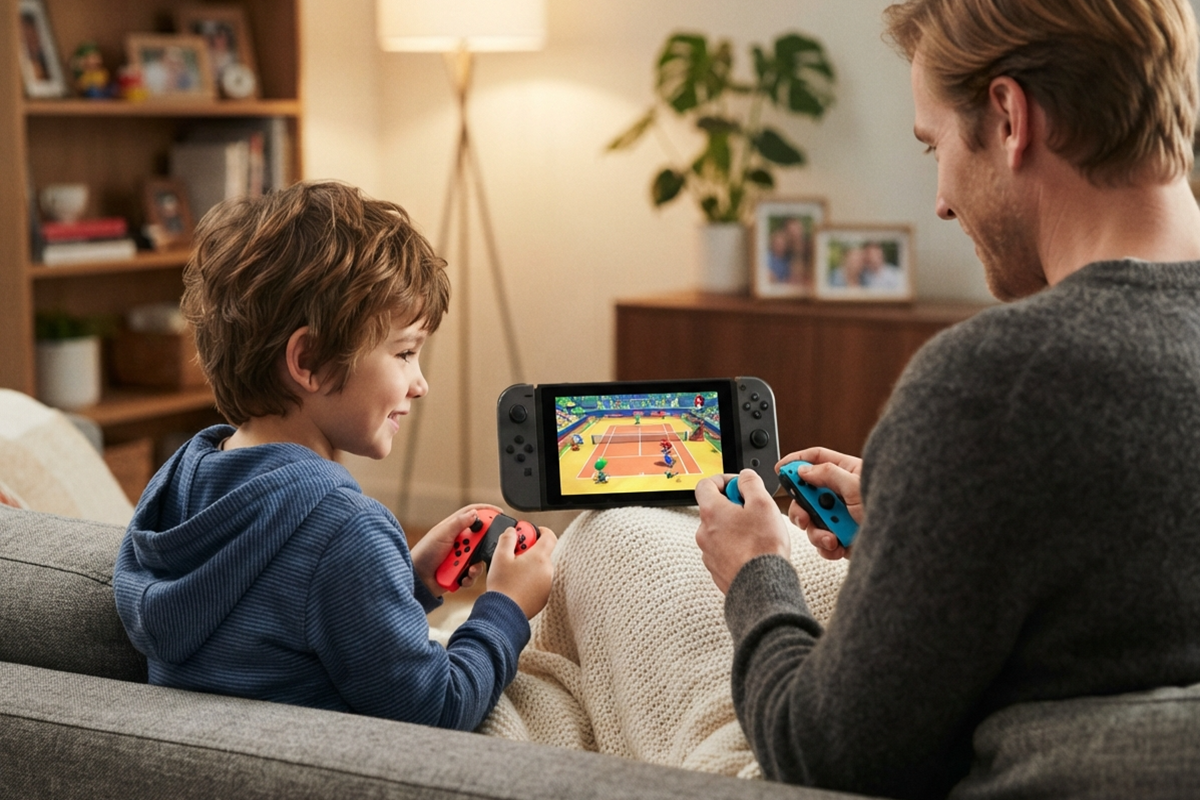 Un enfant qui joue avec un adulte sur Nintendo Switch