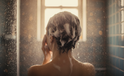 Une personne de dos se lavant les cheveux avec du shampoing sous la douche.