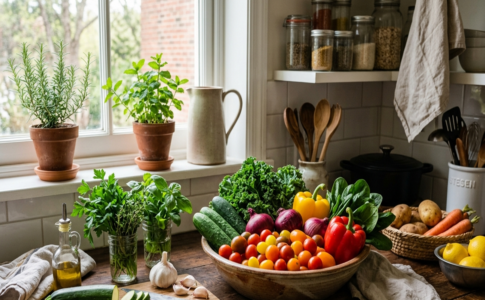 Assortiment de légumes frais et d'herbes aromatiques sur un plan de travail en bois.